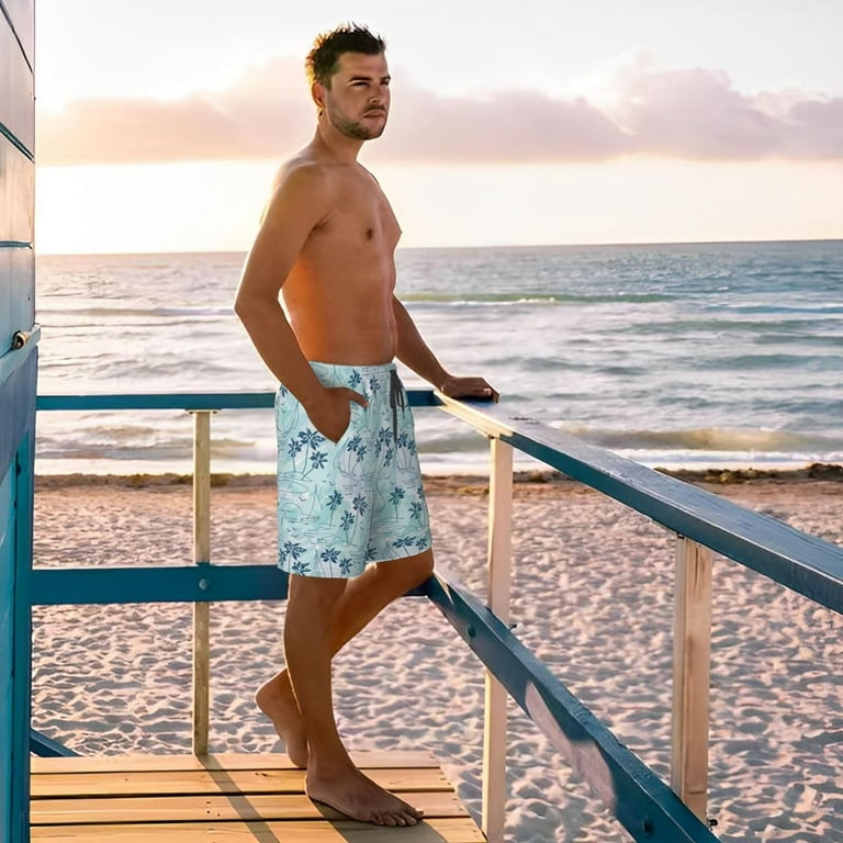 Men s Tropical Leaf Sailboat Light Blue Swim Trunks Quick Dry Board Shorts Funny Beach Shorts Swimwear Bathing Suits XX Large
