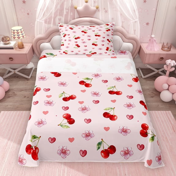 Erosebridal Chic Cherry Blossoms Twin Sheet Sets for Girls, Cherry Print Bedding, 1 Flat Sheet 1 Fitted Sheet and 1 Pillowcase, 3 Piece