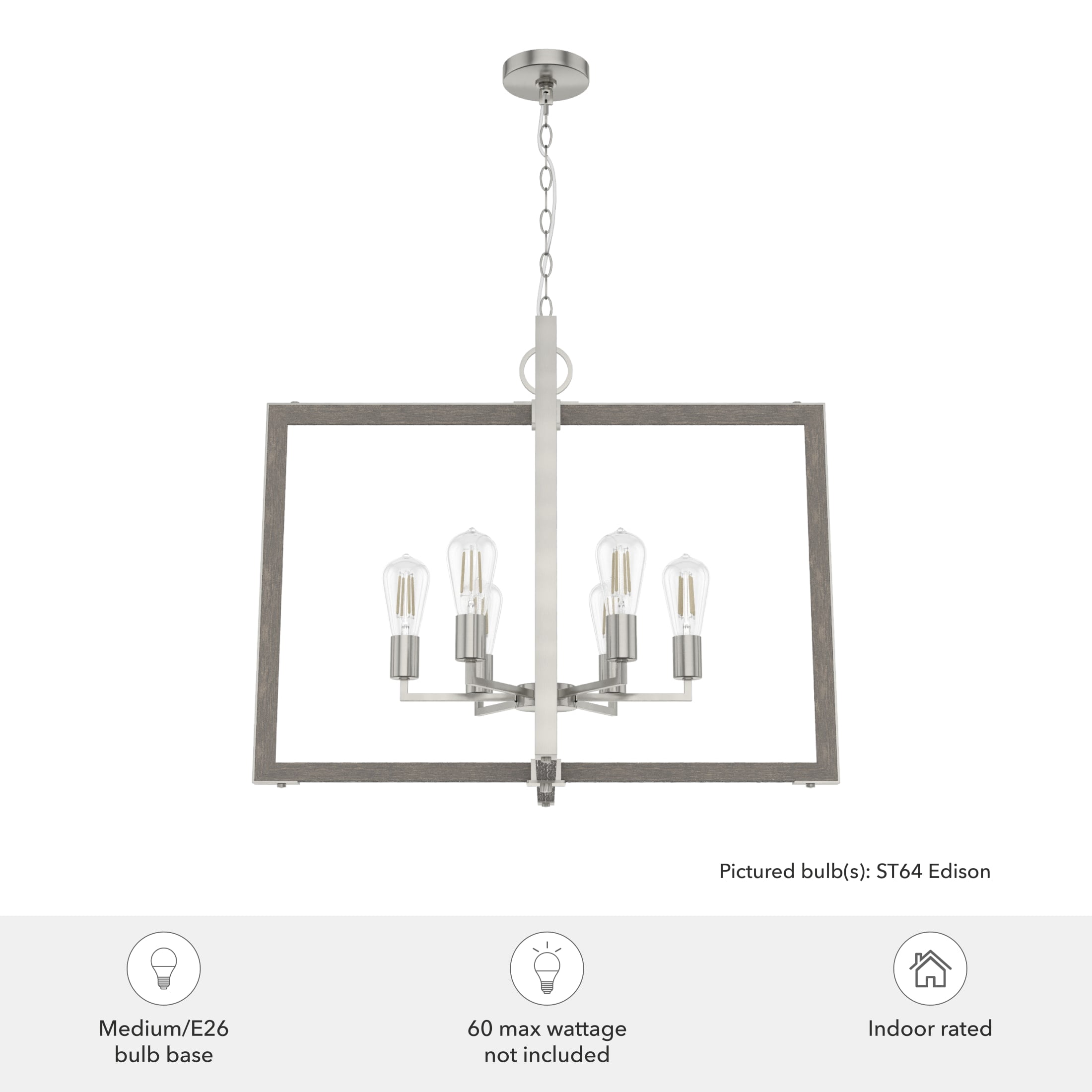 Hunter - Woodburn 6-light Brushed Nickel, Extra Large Pendant Light, Dimmable, Modern Style, Rectangle Shaped, for Bedrooms, Dining, Living Rooms - 19809