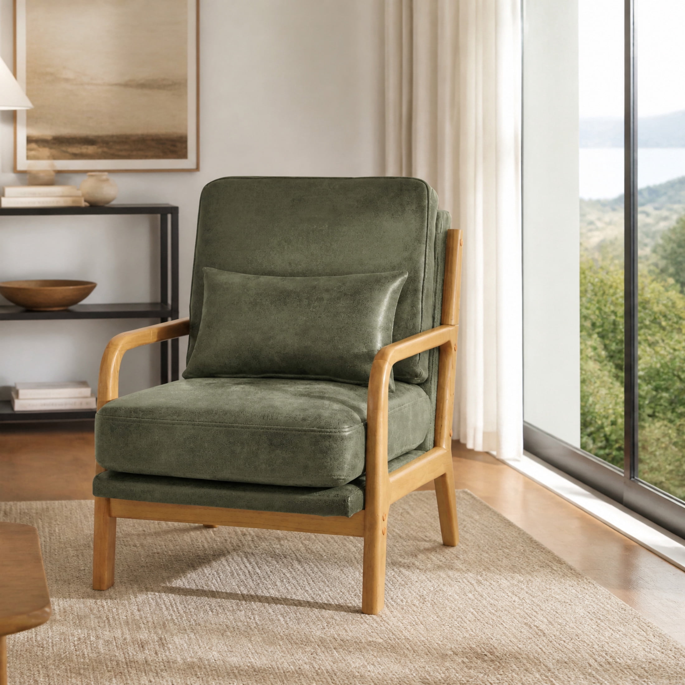 Noble House Mid-Century Modern Lounge Chair, Foil Fabric Upholstered Accent Chair, Olive Green