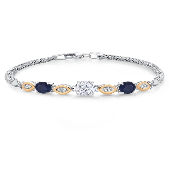 Gem Stone King 925 Silver and 10K Yellow Gold White Moissanite and Blue Sapphire and White Lab Grown Diamond Bracelet for Women (2.07 Cttw, Gemstone, Oval, Wheat Chain, 7.5 inches)