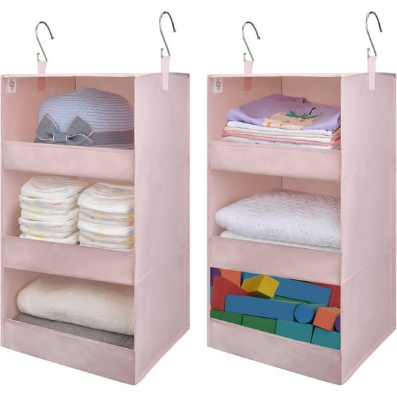 3 Shelf Hanging Closet Organizers and Storage, Collapsible Closet Storage Organizer with 2 Metal Hooks, Leak-Proof Hanging Shelves for Kids Clothes, Baby Towels, 2 Pack, Pink