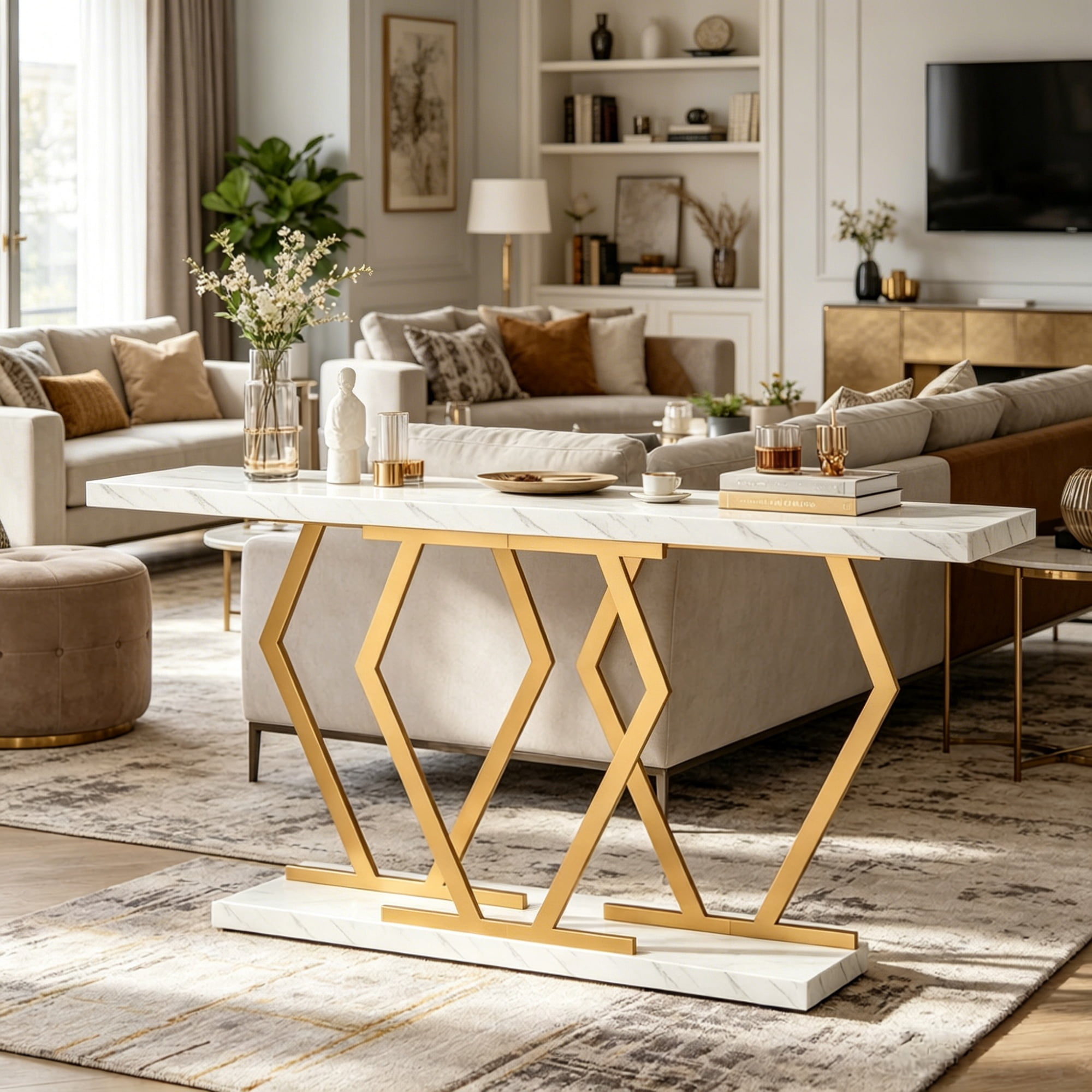 Long Console Table, 70.9 in Faux Marble White with Gold Metal Frame, Modern Accent Table for Living Room, Hallway, TV Stand