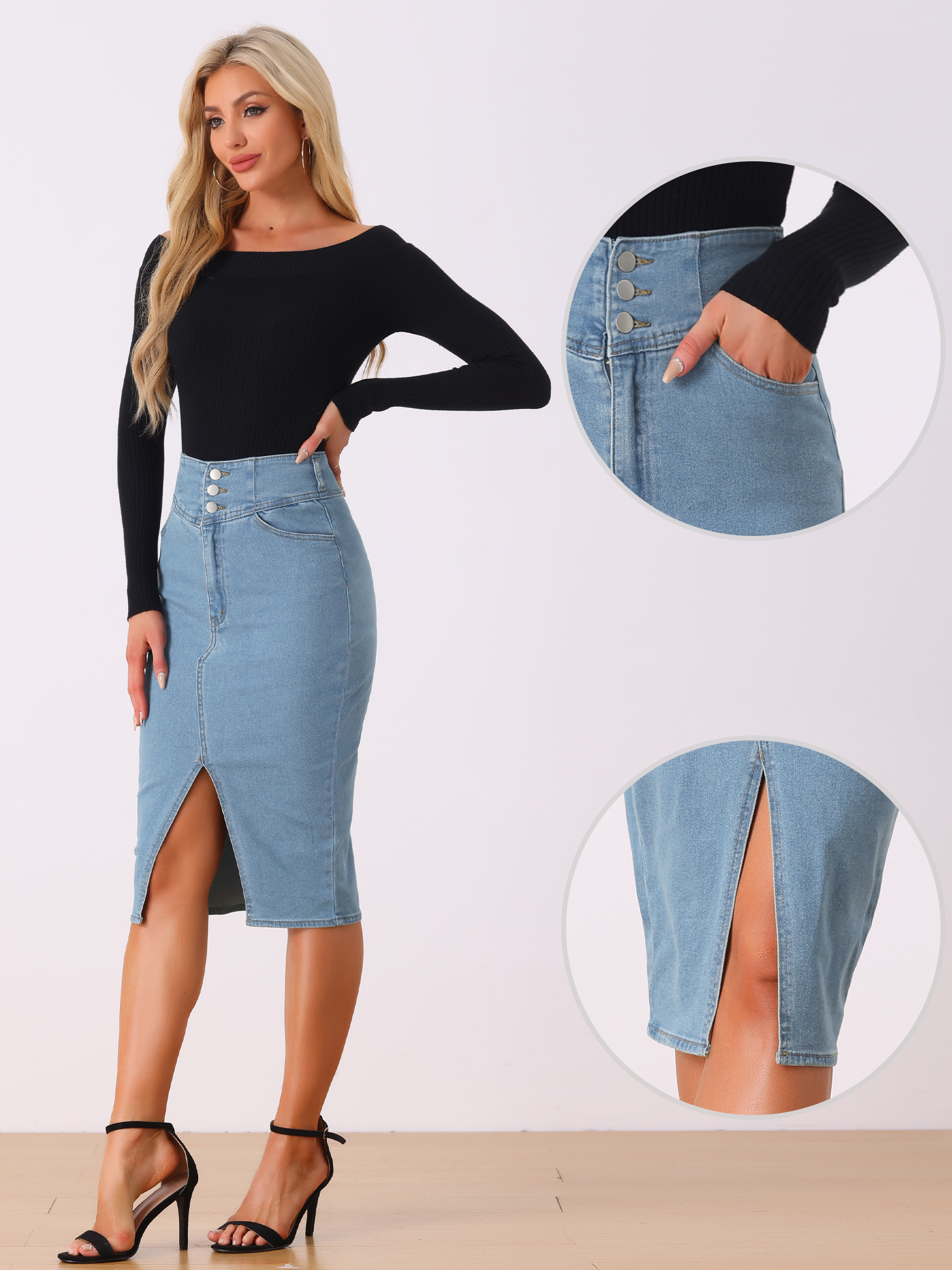 DARING DIVA Women's Denim Split Hem Pencil Jean Midi Skirts XL Light Blue