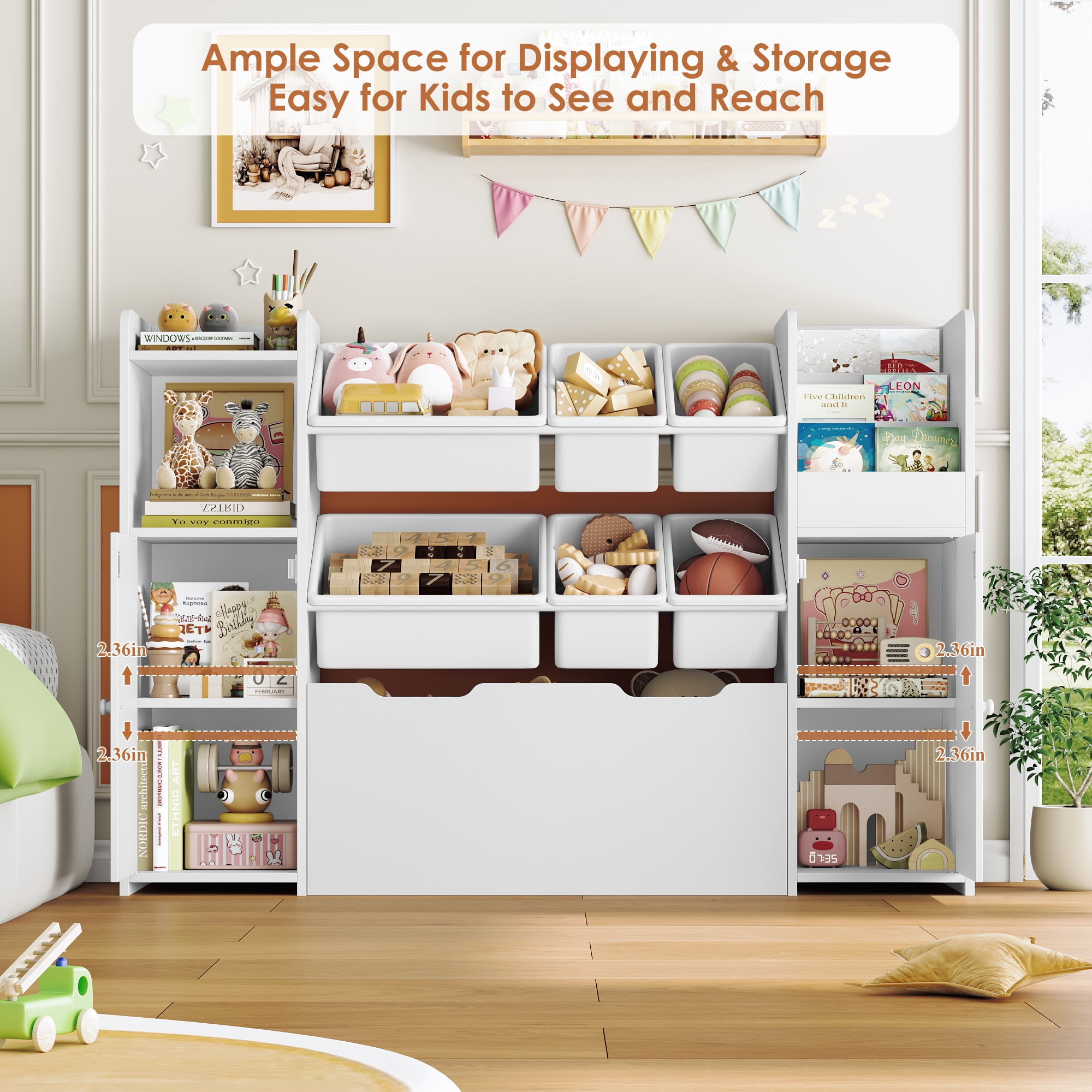 Homfa Kids Bookcase with 2 Doors and Drawer on Wheels, Toy storage Organizer with 6 Bins and Adjustable Shelves, for Kids Playroom, Nursery, White
