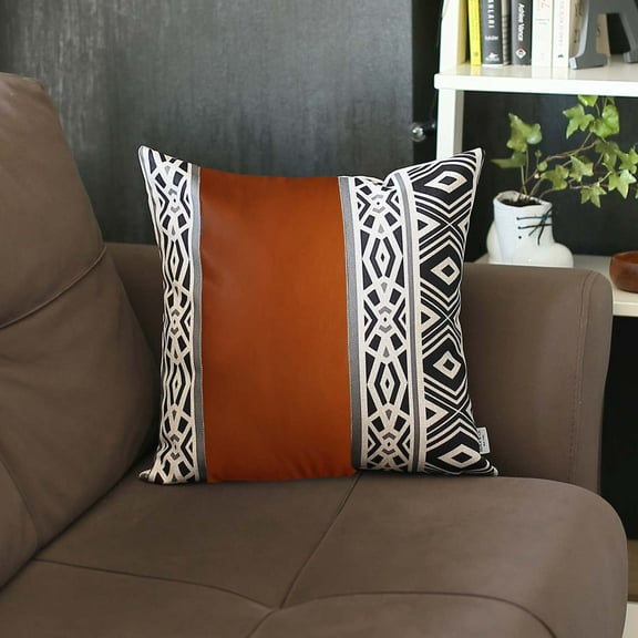 Boho Handcrafted Decorative Single Throw Pillow Cover Vegan Faux Leather Geometric 17" x 17" Brown & Ivory Square for Couch, Bedding