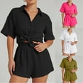 thumbnail image 5 of DHFJKG 2 Piece Outfits For Women Summer Sets Short Sleeve Button Down Lapel Oversized Shirts And Shorts Tracksuit Cozy Outfit, 5 of 9