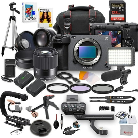 Sony FX3A Full-Frame Cinema Camera with Sigma 30mm f/1.4 DC DN Lens, LED Light, Microphone, 128GB Extreme Speed, U-Grip, Filters, Tripod, Case, Software, & More ? Pro Video Bundle (36pc)
