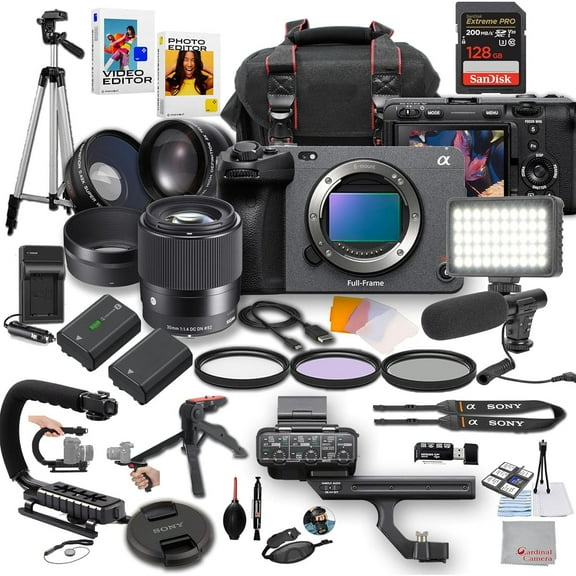 Sony FX3A Full-Frame Cinema Camera with Sigma 30mm f/1.4 DC DN Lens, LED Light, Microphone, 128GB Extreme Speed, U-Grip, Filters, Tripod, Case, Software, & More ? Pro Video Bundle (36pc)