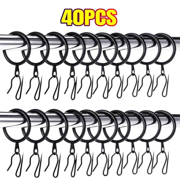 40Pcs Metal Curtain Rings and Curtain Drapery Pin Hooks,Black Curtain Hooks for Drapes,30mm Internal Diameter for Window, Shower Curtain