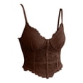 thumbnail image 2 of Women's Sheer Floral Lace Cropped Corset Bustier, Spaghetti Strap Wavy Hem Waist Cinching Camisole Tank Top Body Shapewear Coffee XS, 2 of 7