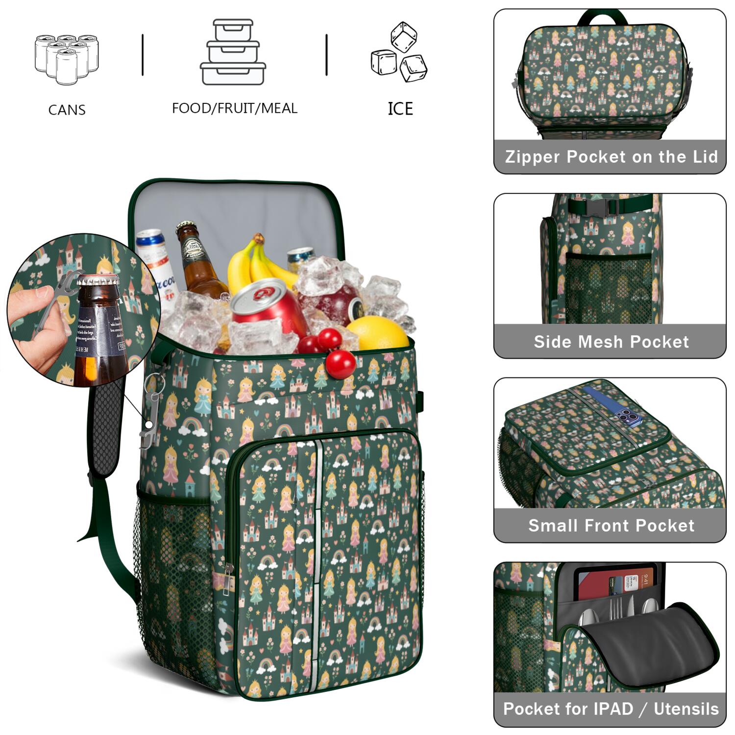 Travel Cooler Bag - Princess Castle Star Pattern Camping Beer Cooler Backpack with Bottle Opener- Waterproof Insulated Picnic Backpacks - Cooler Bag for Beach