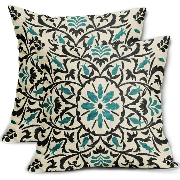 Black Teal Boho Pillow Covers 18 X Inch Bohemian Ethnic Carpet Style Vintage Flower Print Decorative Throw Pillows Outdoor Linen Square Cushion Case Farmhouse Decor Set of 2
