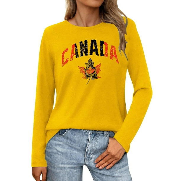 MHFRRA Camiseta de Manga Larga para Mujer con La Bandera del Día de Canadá y La Hoja de Arce Canadiense. Amarillo