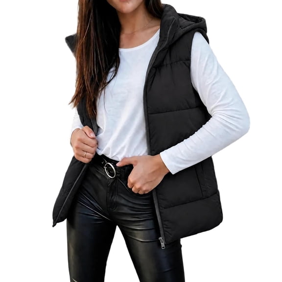 Edvintorg Winter Vest for Women Fashion Stand Collar Sleeveless Hooded Waistcoat Full Zip Casual Jacket Outerwear with Pockets