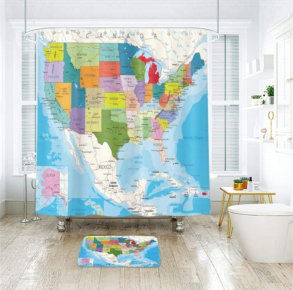 American Map Shower Curtain 72X72 Inch Educational Geography USA Cities White Earth Technology Colorful Kids Bathroom Home Decor Polyester Fabric 12 Pack Plastic Shower Hooks