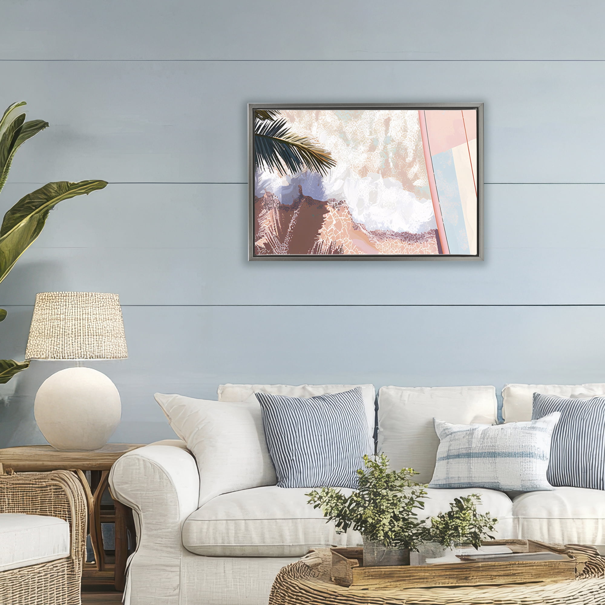 Stupell Industries Blush Pink Surfboard & Palm Gray Framed Floater Canvas Wall Art, design by Jacky Ngan