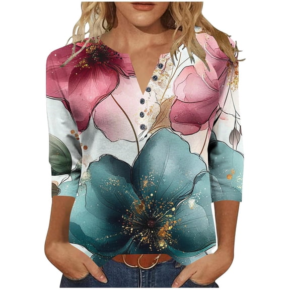 Qulqfy Tunic Tops for Women 3/4 Sleeve Plus Size Spring Shirts Pink Fall Floral Dressy Casual Tops Pink Blouses for Women L