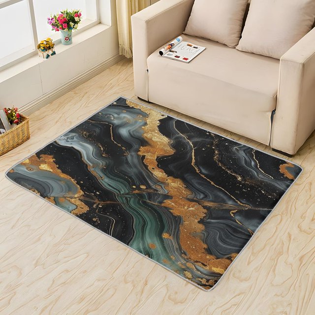 Black Green Marble Rug, Artistic Marble Texture Door Mat 2x3, Modern Luxury Area Rug Soft Low Pile Floor Small Rugs Non-Slip for Bedroom Kitchen Entryway Carpet ZX&-256
