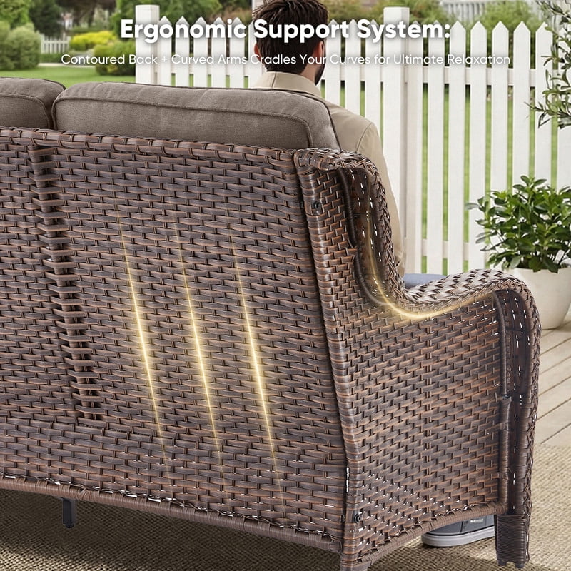 PARKWELL Outdoor Patio Wicker Furniture Set - 5 Piece Sectional Sofa Set with 3-Seat Sofa,2 Chairs and 2 Ottomans,Brown Wicker and Gray Cushion