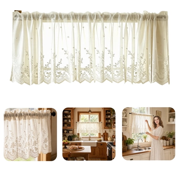 30"X36"Boho Lace Window Curtain Valance Embroidered Solid Color Farmhouse Light Filtering Small Window Tier for Kitchen Living Room