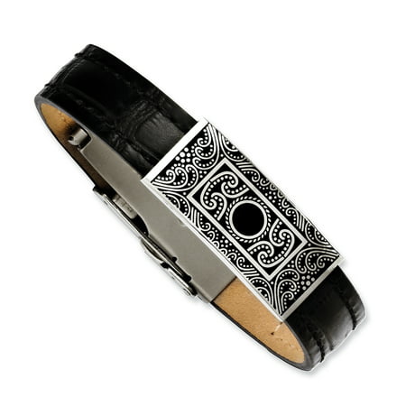 Stainless Steel Black Leather w/Decorative Accent 7.5in