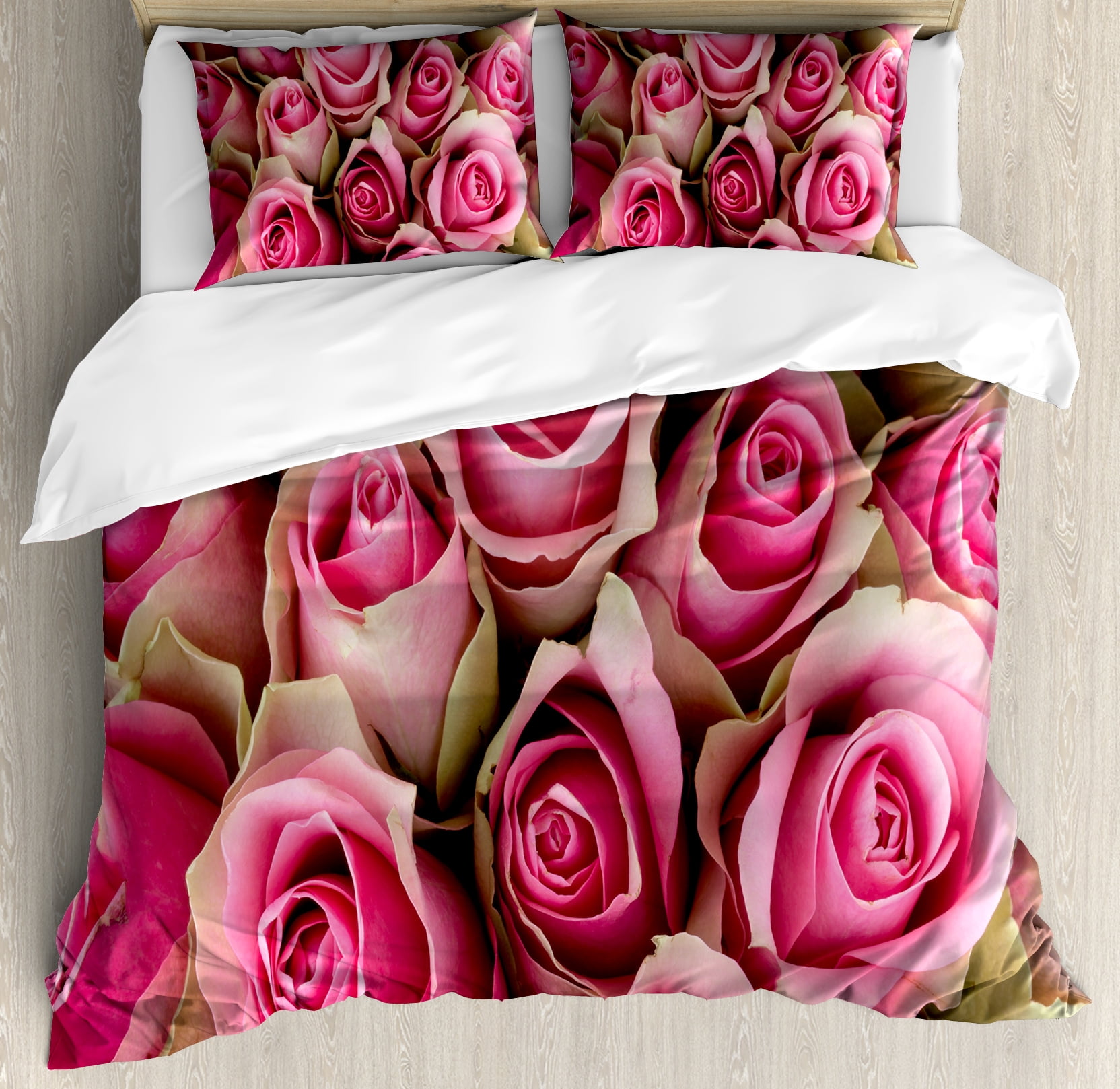 Rose King Size Duvet Cover Set Blooming Fresh Pink Roses Festive Bridal Bouquet Romance Sweetheart Valentine Decorative 3 Piece Bedding With 2