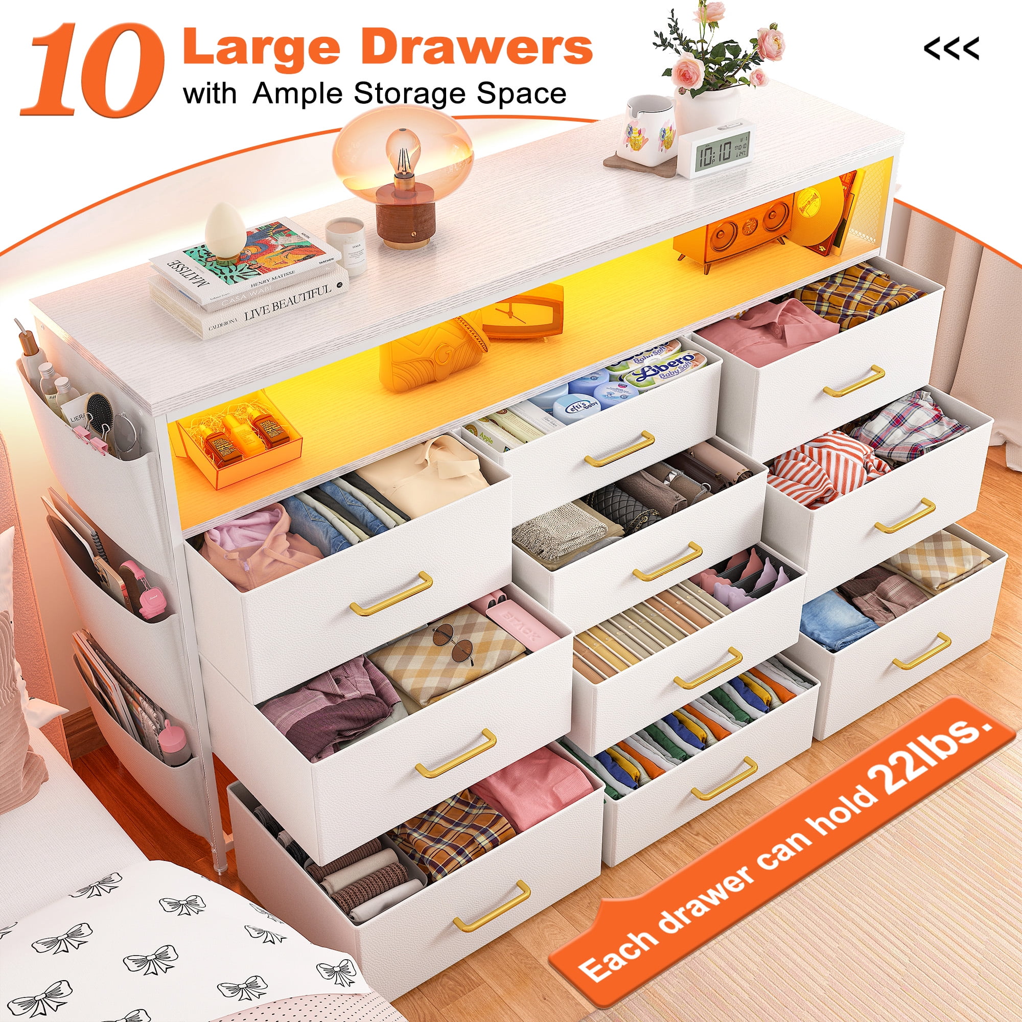 EnHomee White Dresser TV Stand with Power Outlets &LED Lights&Entertainment Center Wide Dresser for Bedroom with 10 Drawers Side Pockets & Hook Fabric Chest of Drawers