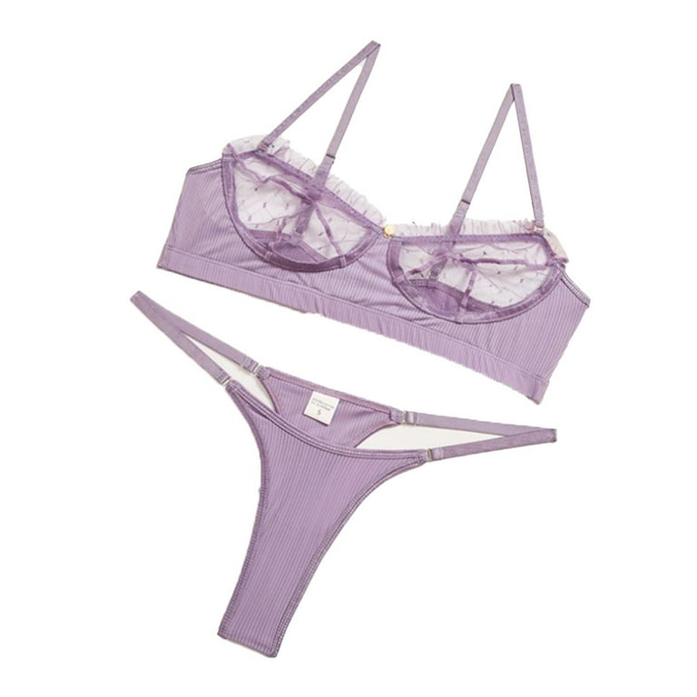 ALSLIAO Womens Lace Lingerie Bra Thong Underwear Set Bodydoll Sexy Nightie  Sleepwear Purple M 