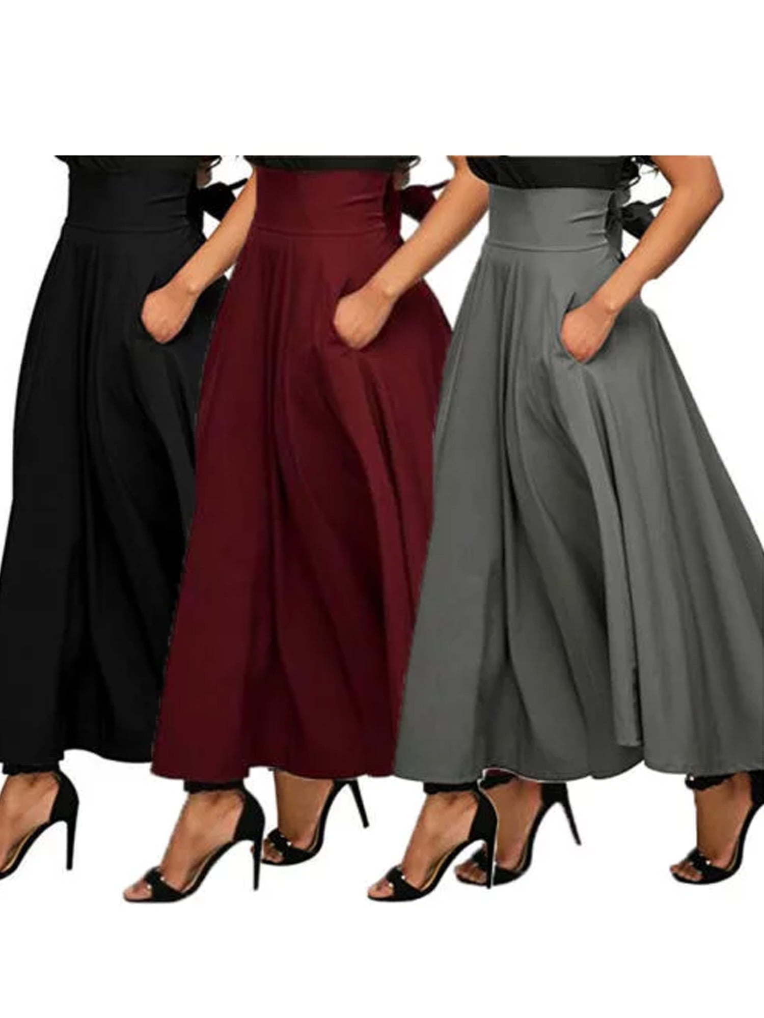 Pudcoco High Waist Pleated Long Skirts Women Flared Full Skirt Swing Satin  Dress