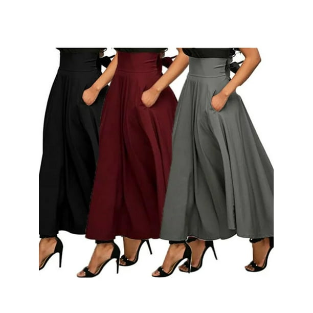 High Waist Pleated Long Skirts Women Vintage Flared Full Skirt Swing ...