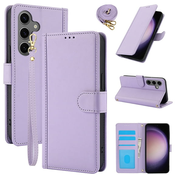 Case for Samsung Galaxy S24 FE Crossbody Wallet with Lanyard & Wrist Strap, Card Holder Flip Stand Purse Case, Full Protection Magnetic Clasp PU Leather Cover for Samsung Galaxy S24 FE, Purple