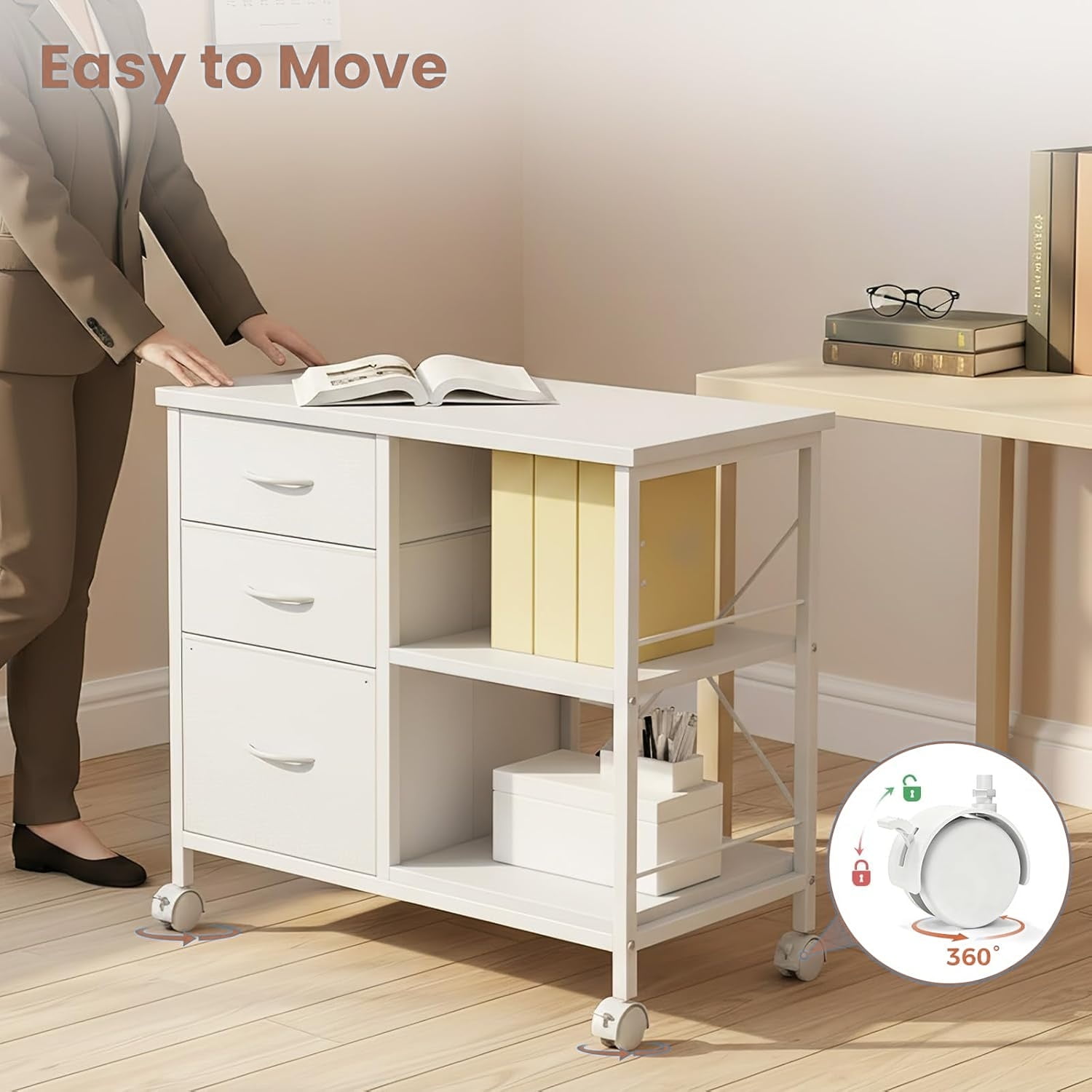 3-Tier Mobile File Cabinet, Rolling Printer Stand with Storage and Back Support Bar, 3 Drawer Lateral File Cabinet Holds 110lbs, for Home Office in Rustic White