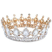 FUMUD Pageant 2" Full Round Rhinestone Crystal CrownTiara Sapphire King/Queen Crown Gold Plated Party Jewelry (1#)
