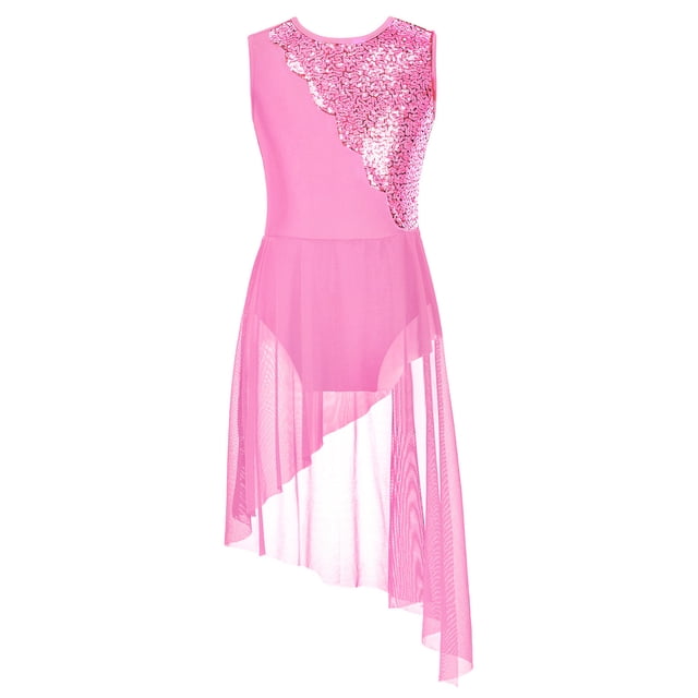 inhzoy Robe de Danse Lyrique à Sequins pour Filles Enfants Robe de Danse Contemporaine Moderne Justaucorps de Ballet avec Jupe Haute-Basse Rose 8