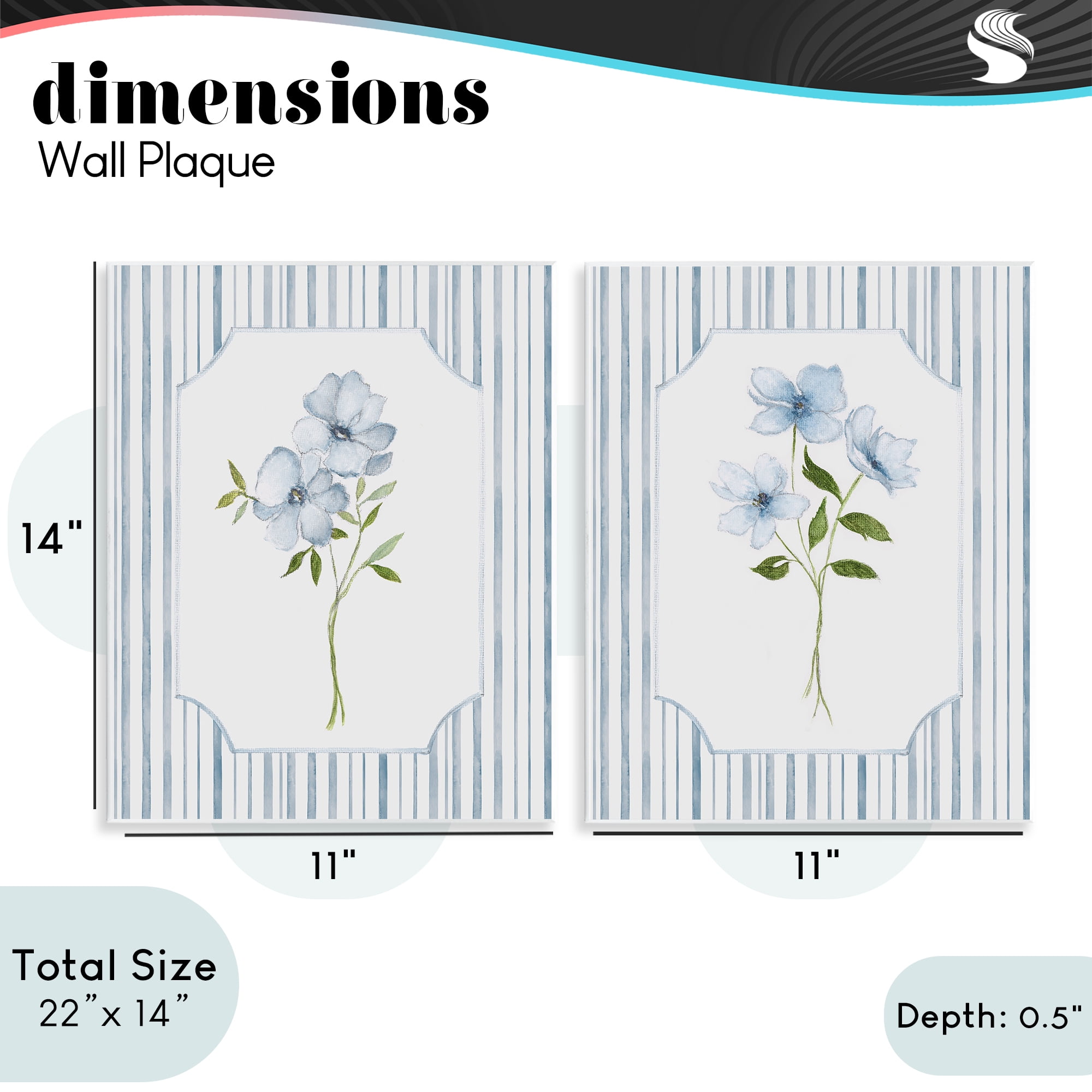 Stupell Industries Blue Blooms & Stripes 2 Piece Wall Plaque Art Set, design by Tava Studios