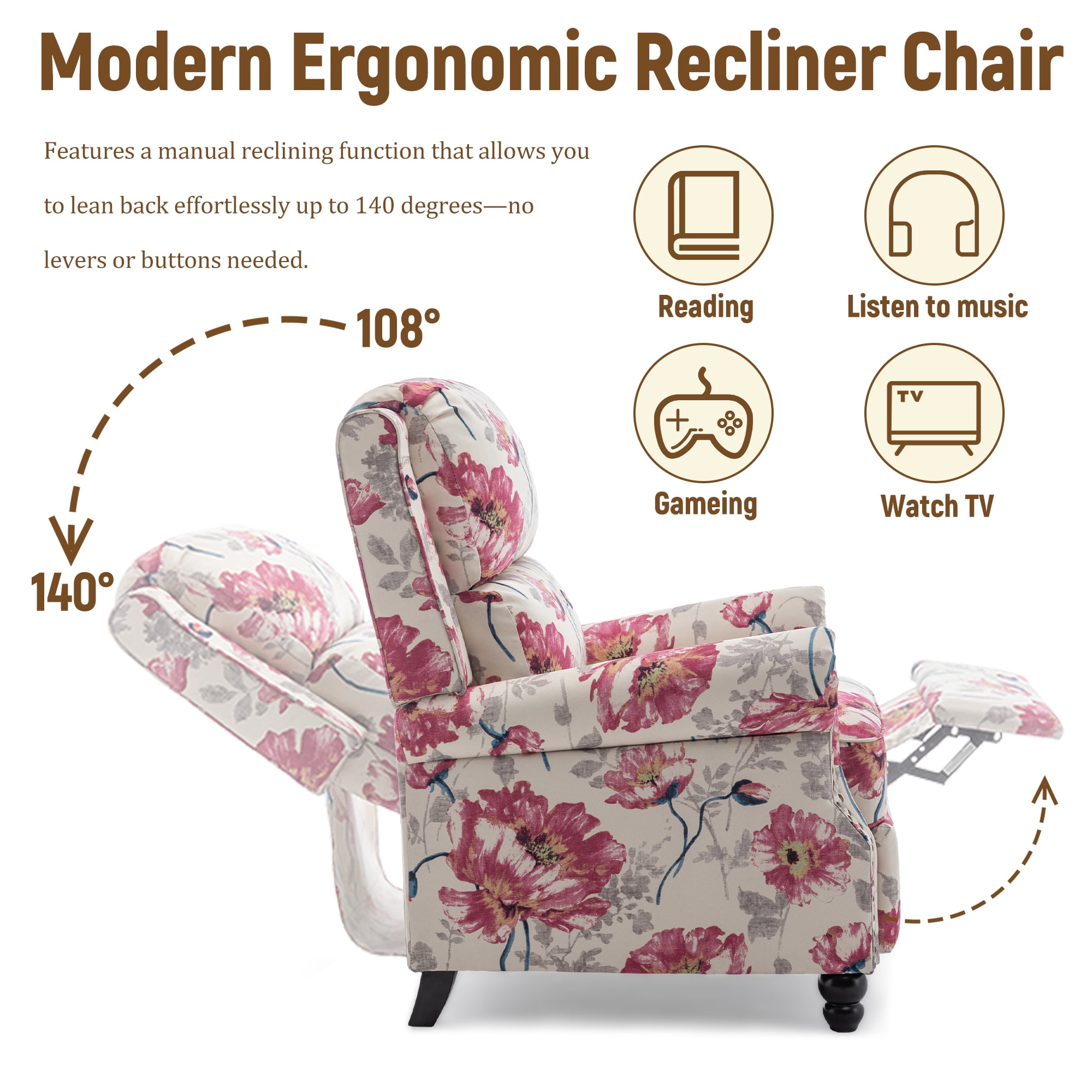 UIXE Pushback Recliner Chair Set of 2 Fabric Armchair Push Back Recliner Club Chairs Home Living Room, Pattern White