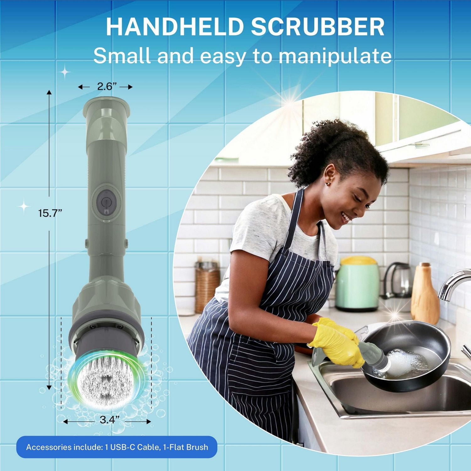 Bell + Howell Scrubtastic Express Olive Green Rechargeable Handheld Power Scrubber – Cordless Bathroom Cleaner