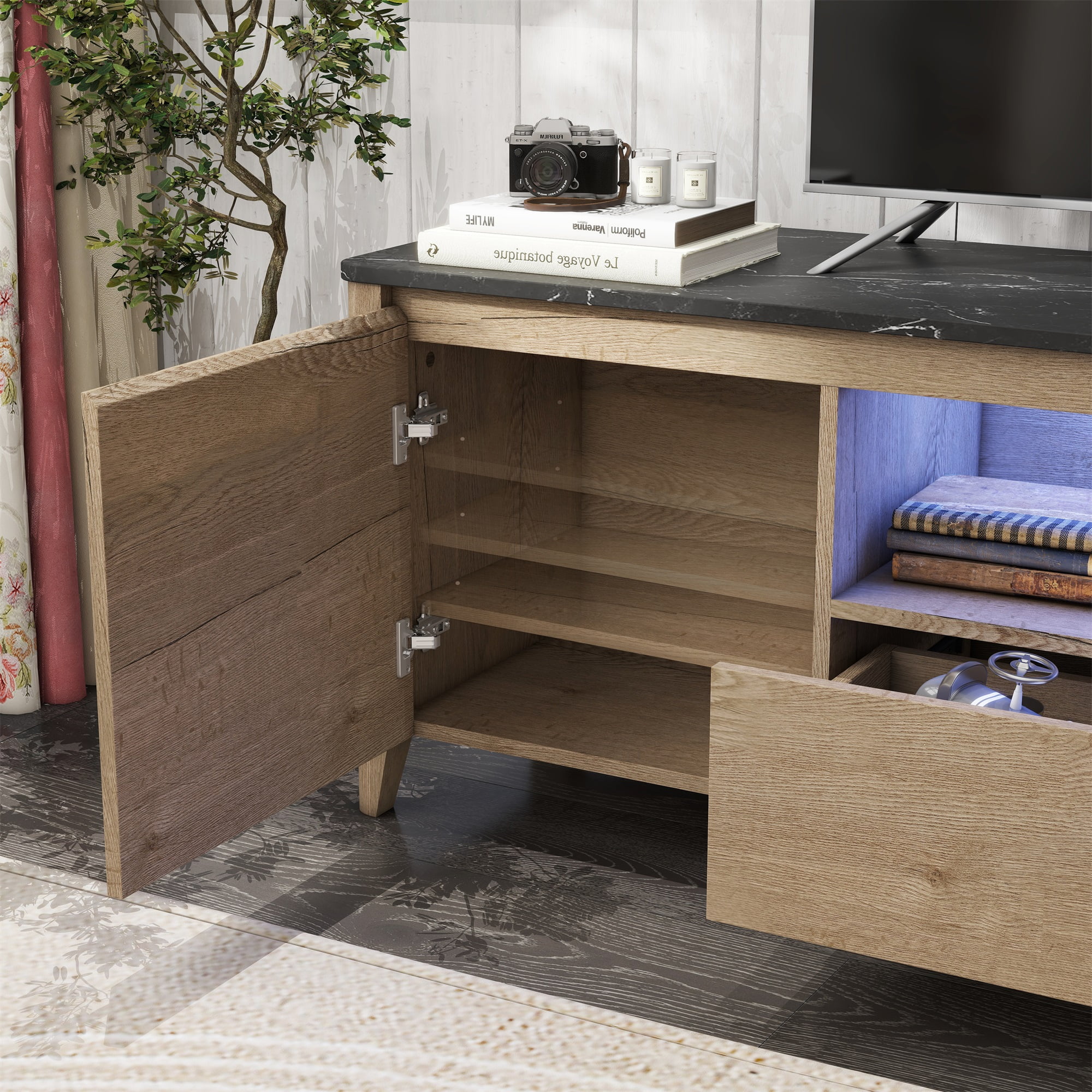 Kadyn Modern TV stand with LED Lights and Storage, TV Console for Up to 80 inch, Entertainment Center, Natural and White