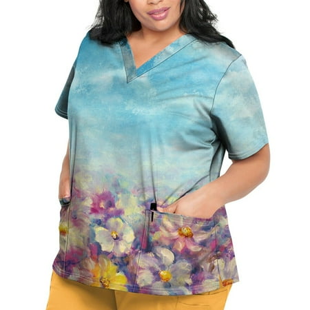 

Sksloeg Women Scrubs Tops Plus Size Vintage Flower Printed Top Workwear with Pockets Short Sleeve V-Neck Nursing Working Uniform Light Blue XXL