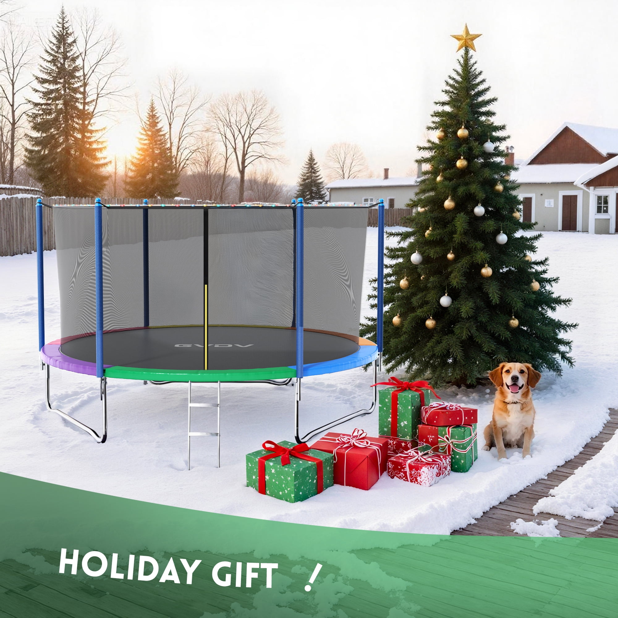 GVDV Outdoor Trampoline, 10' Backyard Recreational Trampoline with Enclosure for Kids & Adults