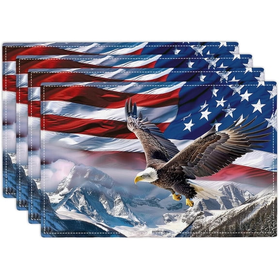 American Flag Eagle Placemats Set of 4 Patriotic Table Mats Snow Mountain Place Mats Decor Imitation Linen Heat Resistant Tablecloth for Dining Decorations Kitchen Party Restaurants 12''x18''