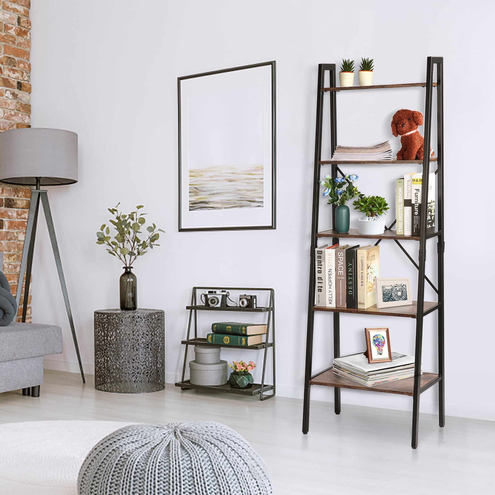 INMOZATA Ladder Shelf Unit Lean Shelf 5 tier Display Rack Bookshelf Storage Unit for Living Room Bathroom Kitchen Grey 