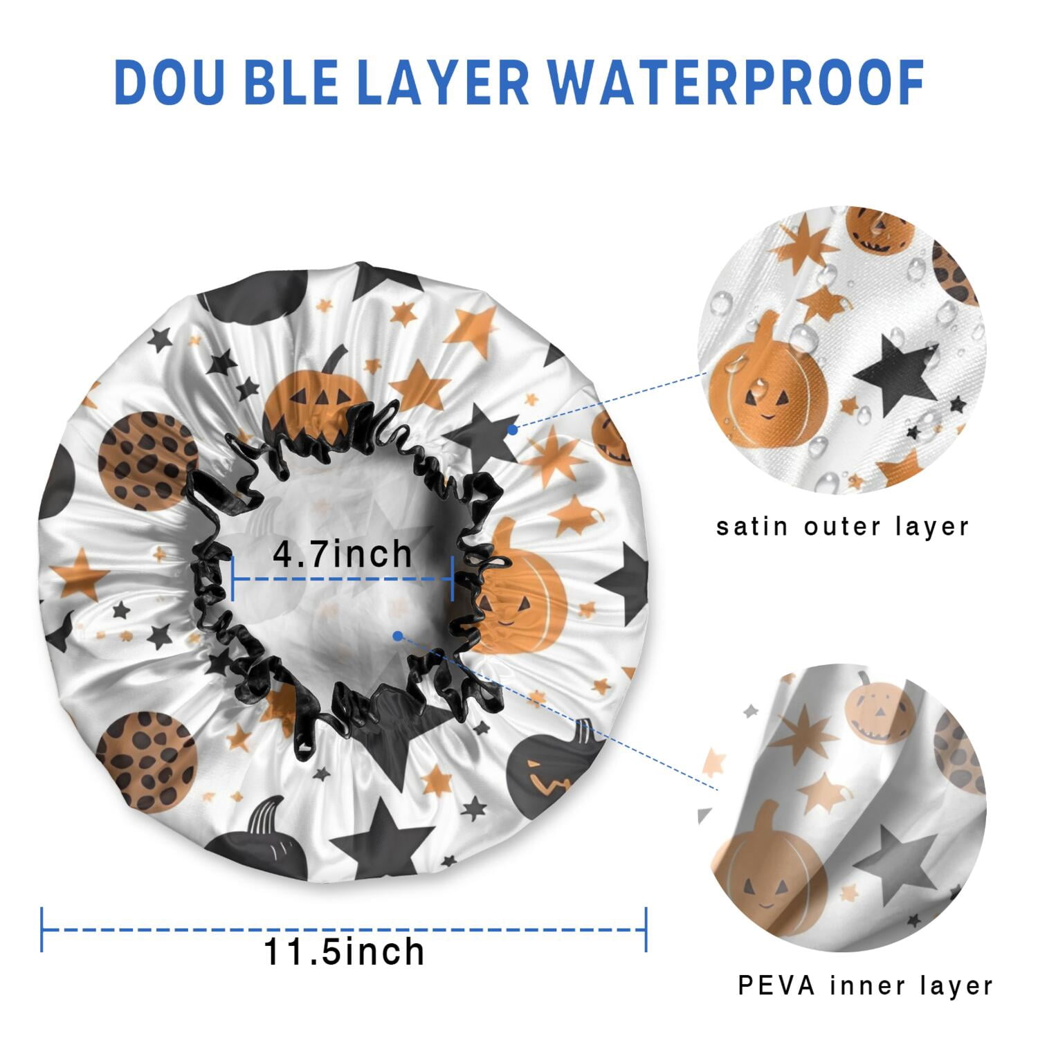 Shower Caps,Halloween Pumpkin Star Pattern Waterproof Shower Cap for Women 4 Pieces,Double Reusable Hair Cover for Shower PEVA Elastic Stretch Hem