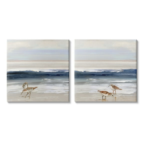 Stupell Industries Birds On Beach Shore Ocean Waves Blue Sky Landscape Paintings Gallery-Wrapped Canvas Print Wall Art Set of 2, 17x17, by Sally Swatland