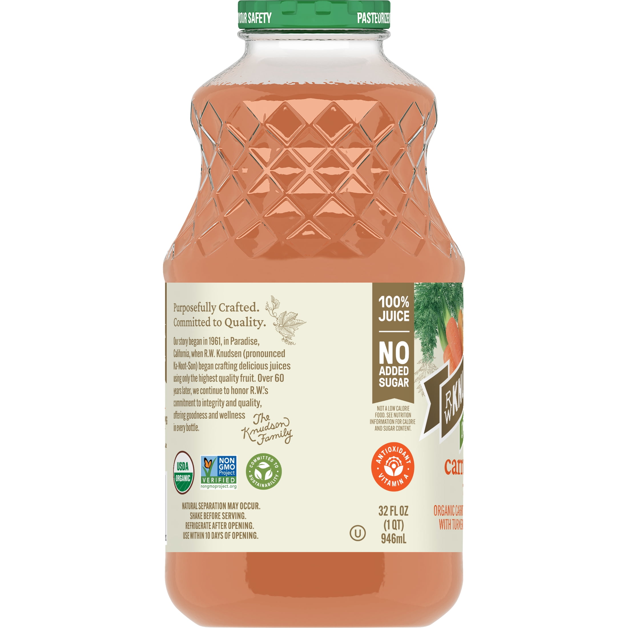 R.W. Knudsen Family Organic Carrot Ginger Turmeric Beverage, 100% Juice, 32 oz, Glass Bottle