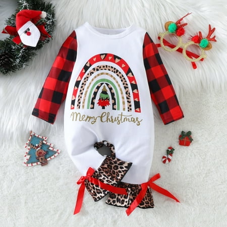

NIUREDLTD Toddler Girls Christmas Long Sleeve Letter Romper Leopard Prints Ruffles Bell Bottoms Flare Jumpsuit
