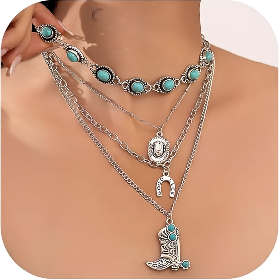DESIGNICE Layered Western Necklaces Vintage Turquoise Beaded Western Jewelry for Women Ox-Head Cactus Cross Chain Necklaces Gifts for Women Friends, Lover and Mom