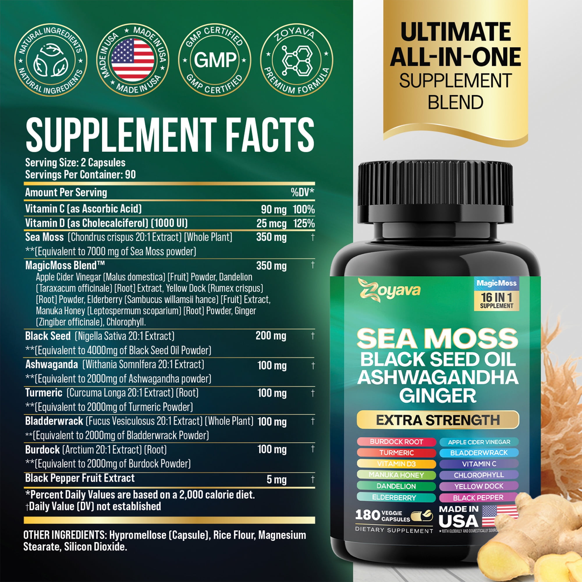 Zoyava Sea Moss Blend, 19,445 MG All-in-One Formula with over 15+ Super Ingredients, Extra Strength & High Potency (180 Capsules)