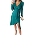 thumbnail image 3 of DYMADE Women Solid V-Neck Ruffle Irregular Long Sleeve Elegant Midi Length Dress, 3 of 4